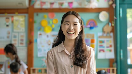 Smiling korean female teacher in primary school classroom.