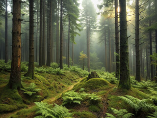 Sunrise in the forest with green moss and ferns.