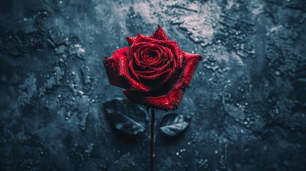   A red rose, close-up, against a black background Water drops glisten on its petals A leaf rests nearby on the opposite side