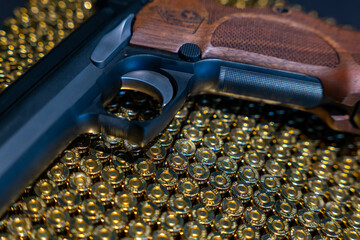 Elegant Semiautomatic 9mm Handgun with Swiss Helvetia Symbol Leaning on Bullet Ammunition in Switzerland.