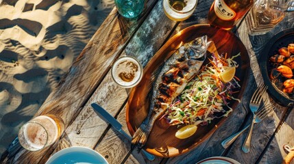 A rectangular wooden cutting board topped with grilled fish and lemon slices, beautifully displayed on a wooden table AIG50