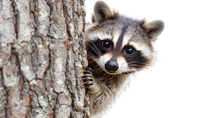 Obraz premium Raccoon peeking from a tree isolated on a transparent background, PNG, Ai, High Quality 
