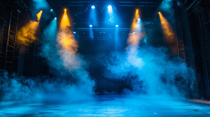 A stage shrouded in electric blue smoke under a golden yellow spotlight, offering a modern, vibrant setting.