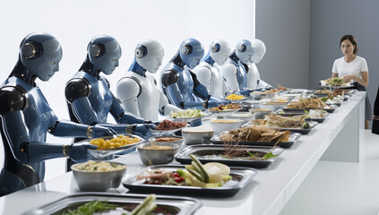 AI-powered robotic Chefs collaborate in a bustling kitchen group of robots serving food in resturant 