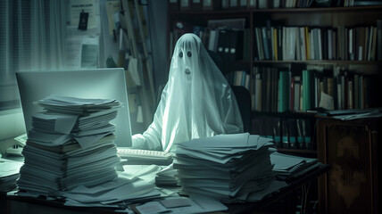 Ghost working late at the office. A ghost figure working late at a cluttered office desk, surrounded by piles of paperwork. AI generative.