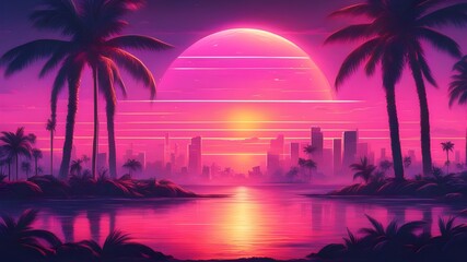 sun setting in distance, perfectly centered composition, horizontal lines, palm trees, ultra detailed - Powered by Adobe