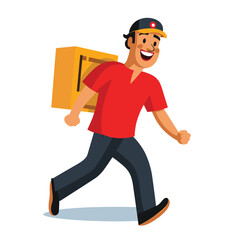 Delivery man smiling, walking quickly delivering package. Cartoon character uniform, red shirt, black pants, cap. Cheerful worker, courier box, isolated white background