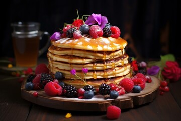 Comforting Pancakes sweet berries. Sweet syrup. Generate Ai