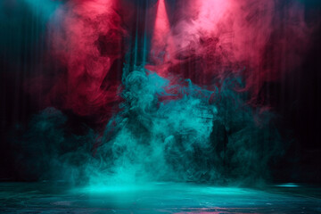 A stage with swirling aqua smoke abstract background illuminated by a ruby red spotlight, contrasting vividly against a black background.