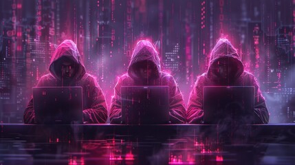 Obraz premium Group of hooded hackers in cybersecurity concept
