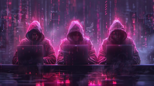Group of hooded hackers in cybersecurity concept