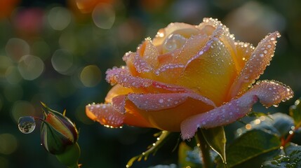   A tight shot of a yellow rose, dewdrops adorning its petals, backdrop softly blurred