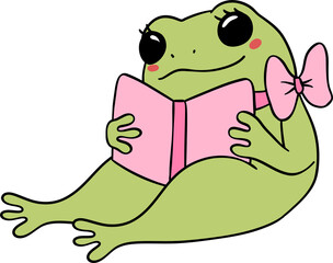 Retro Frog reading book Self Love  Doodle Groovy Cartoon Character