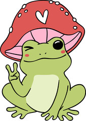 Retro frog with peace sign, frog with mushroom hat cartoon doodle
