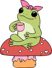 Retro groovy frog  with coffee on mushroom cartoon doodle