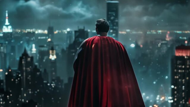 Courageous brave man in superhero costume with red cape is ready to defend city. Superman standing on roof of building. Modern skyscrapers at night background. Powerful hero guy. Cityscape view.