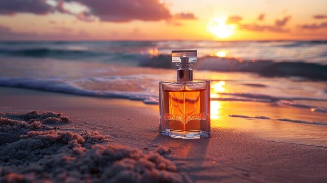 Perfume bottle on beach at sunset. Luxury fragrance and beauty concept