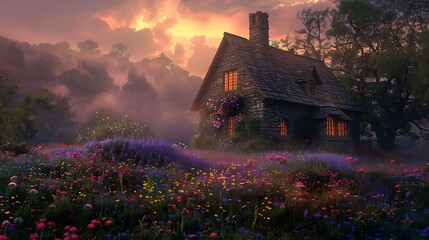 Amidst a sea of wildflowers, a charming cottage basks in the gentle light of dawn, its stone walls...