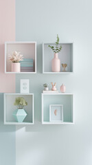 Elegant Wall Mounted Shelving with Soft Color Decor