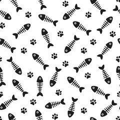 Black domestic pet's paws prints and fish bones on white background. Vector seamless pattern.