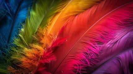   A tight shot of a multicolored bird's intricately arranged feathers against a backdrop of the rainbow's vibrant hues