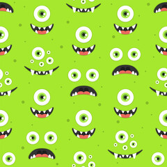 Various emotional monster faces with eyes and toothy mouths on green background. Vector seamless pattern.