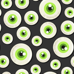 Green monster eyeballs on black background. Halloween vector seamless pattern. Best for textile, print, wrapping paper, package and festive decoration.