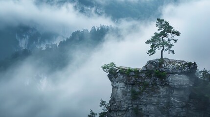 Amidst the rugged terrain, where cliffs meet clouds and trees cling to the mountainside, nature...