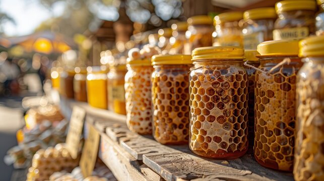 Bustling farmers market brimming with honey and beeswax treasures, lovingly crafted by skilled local beekeepers.