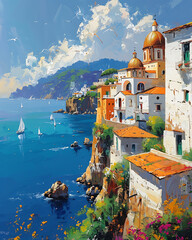 An oil painting of the Amalfi coast in the impressionist style