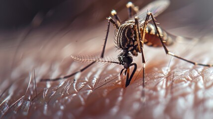 A close-up reveals a mosquito on human skin, its delicate proboscis poised for a blood meal