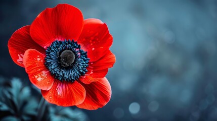   A red flower with water droplets on its petals and a softly blurred blue backdrop
