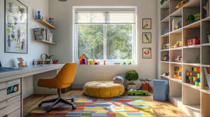 Modern home office. A sleek parents' desk and ergonomic chairs sit alongside a children's play area with educational toys and soft mats
