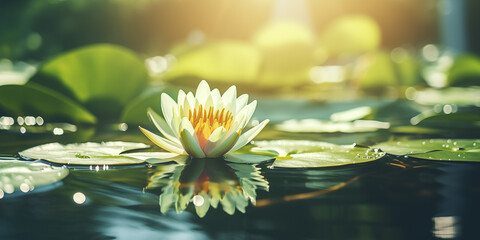 Serene lotus water lilies floating gracefully on a tranquil pond. Peaceful green ambiance with delicate petals glistening in the warm sunlight.