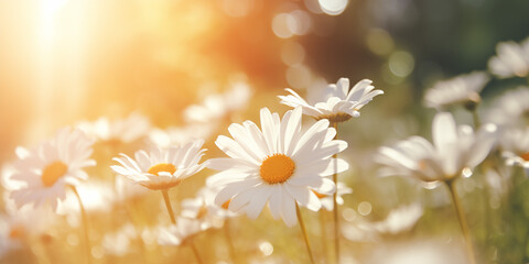 White daisies swaying in the summer meadow with golden and green haze.