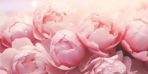Close-up of fresh lush pink peony flowers. Floral peony bouquet background.