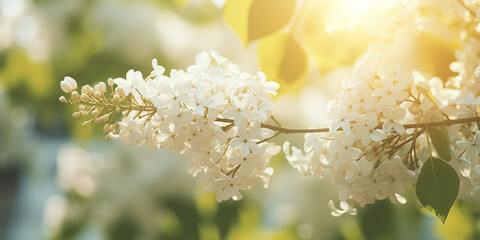 White lilac flowers blossom on a branch in may. Hazy and fragrant, sunny atmosphere for spring background.