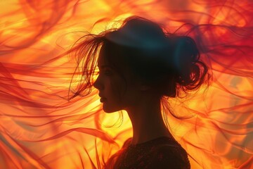 Fototapeta na wymiar The image reflects the silhouetted outline of a woman juxtaposed against a backdrop of intense, fiery clouds, evoking a sense of passion and energy