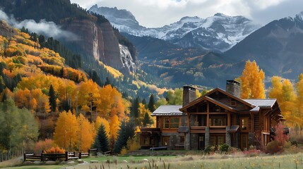 A cascade of autumn hues surrounds a cozy chalet nestled in the embrace of the rugged mountains,...