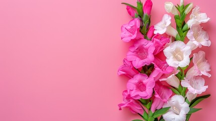  A pink background elegantly showcases a bouquet of pink and white flowers Include text in bottom right corner