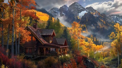 A cascade of autumn hues surrounds a cozy chalet nestled in the embrace of the rugged mountains, where every window frames a masterpiece of nature's artistry.