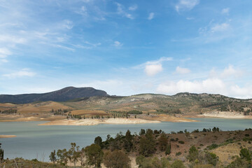 Panoramic view over part of the Guadalhorce-Guadalteba reservoirs in the course of the Guadalhorce...