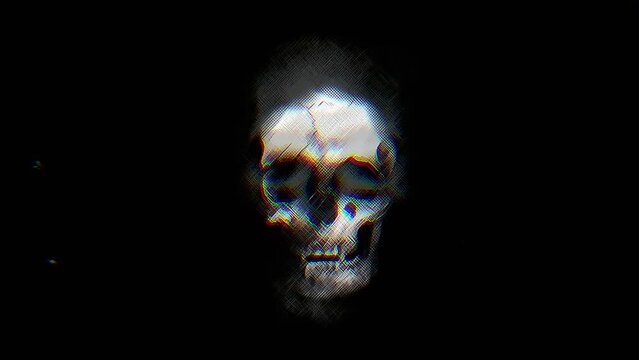 Fast motion animation of an abstract style skull head with a dark themed background