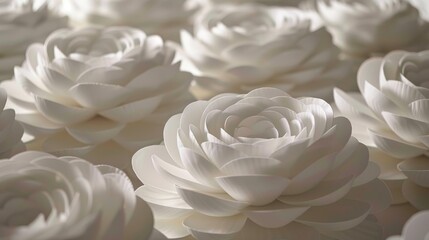   A group of white flowers sits atop a bed of white paper flowers