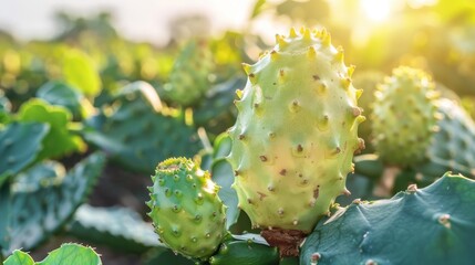   A cactus up-close in a field, sun illuminating its leaves, background softly blurred