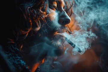 A close-up artistic portrait of a bearded man exhaling smoke with a serene expression, highlighted by moody, orange and blue lighting