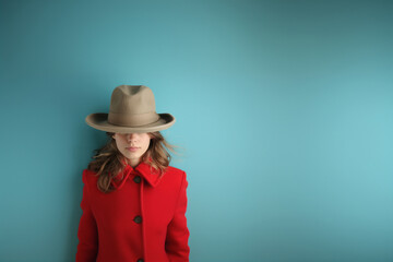 Stylish woman in a red coat and hat. Woman wearing a stylish red coat and beige hat against a blue...