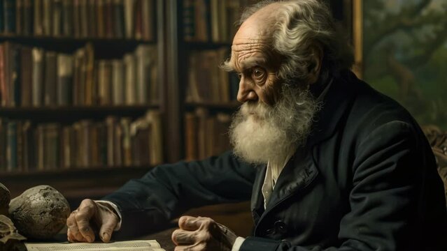 An old scientist with a long gray beard sits in his office and does scientific research in the field of biology and archeology. Library background.