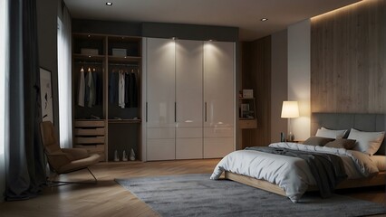 modern and minimal bedroom and the closet interior design, cinematic lighting 