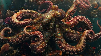 A curious octopus, adorned with shimmering jewels and intricate patterns, delicately arranges a...